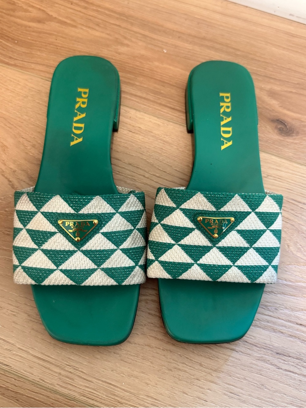 Authentic Prada Green and White Geometric Slide Mules - Picture 1 of 11